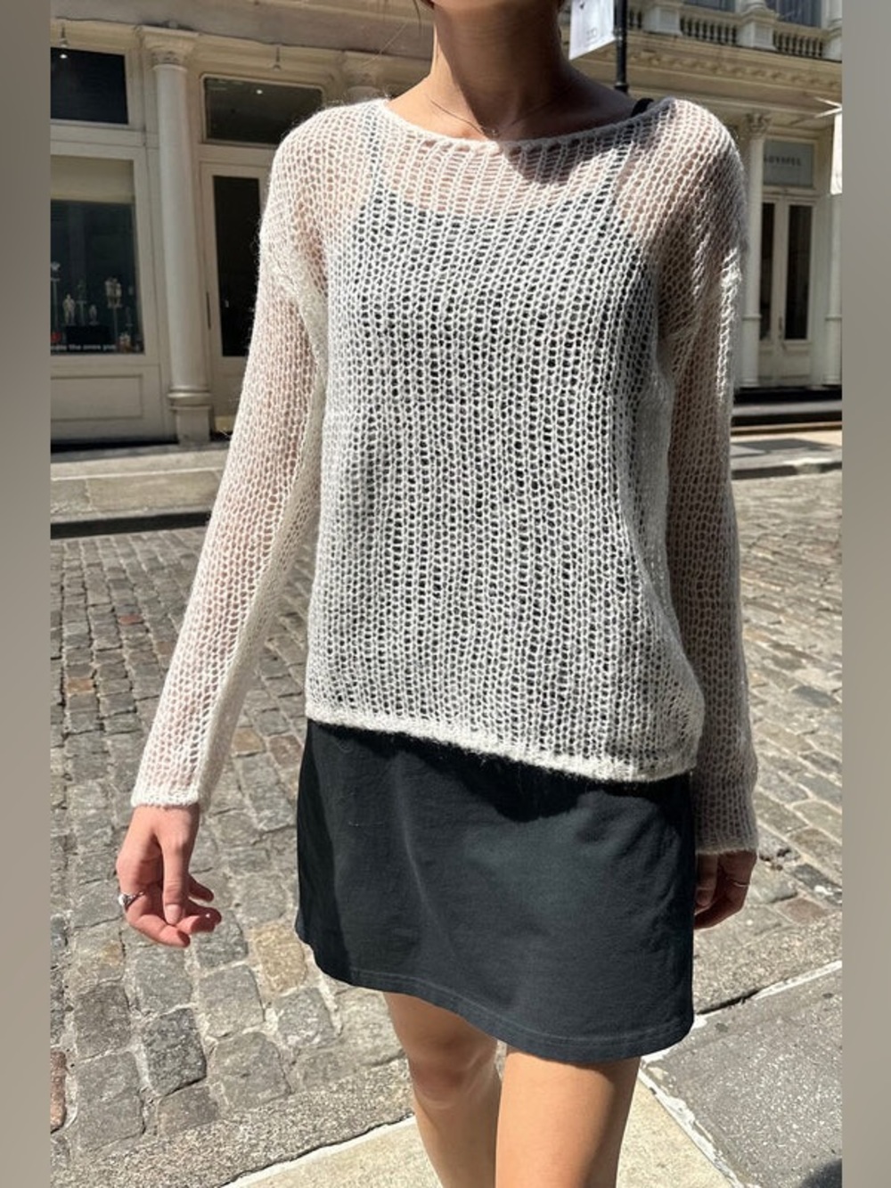 Brandy Melville Cream Open Knit Crochet slouchy Off shoulder Colette Sweater